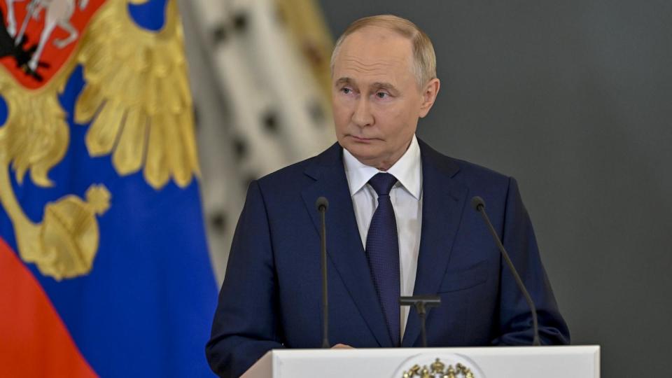 PHOTO: Russian President Vladimir Putin speaks during the award ceremony as he awards the Order of St. Andrew to Indian Prime Minister Narendra Modi for his contributions to the relations between the two countries in Moscow, Russia July 09, 2024. ( Sefa Karacan/Anadolu via Getty Images)