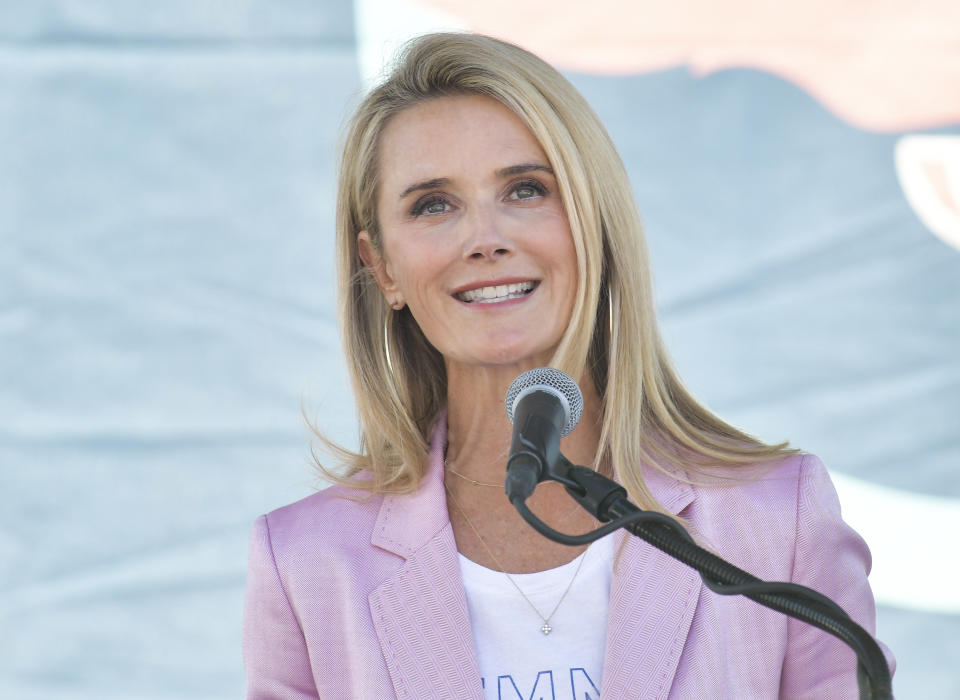 First Partner of California Jennifer Siebel Newsom speaks on stage at Women's March Foundation's National Day of Action on May 14, 2022.