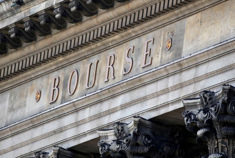 FILE PHOTO: The word Bourse is seen on the facade of the Palais Brongniart, former Paris Stock Exchange, located Place de la Bourse in Paris