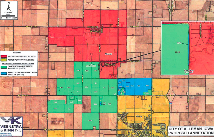 The city of Alleman is moving ahead with an annexation plan with the goal of slowing Ankeny's growth.