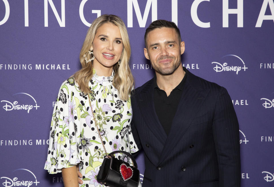 Vogue Williams (left) and Spencer Matthews attending the premiere of the documentary, Finding Michael, at the Dolby Cinema At The Cinema In The Power Station, Battersea Power Station, London. Picture date: Tuesday February 21, 2023. (Photo by Belinda Jiao/PA Images via Getty Images)