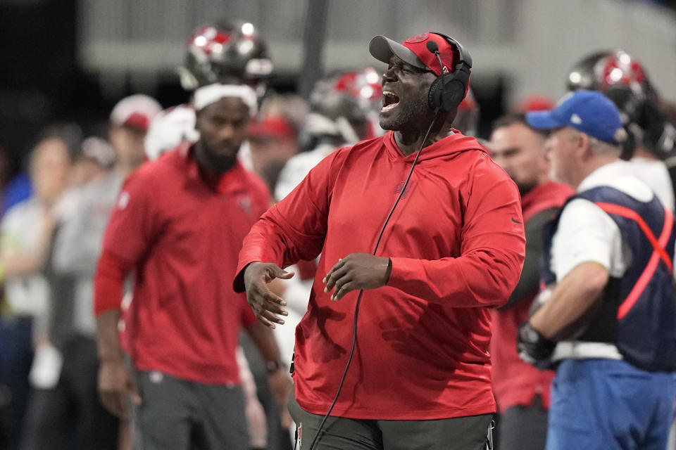 Tampa Bay Buccaneers head coach Todd Bowles reacts on the sideline during the second half of an NFL football game against the Atlanta Falcons, Sunday, Dec. 10, 2023, in Atlanta. (AP Photo/Brynn Anderson)