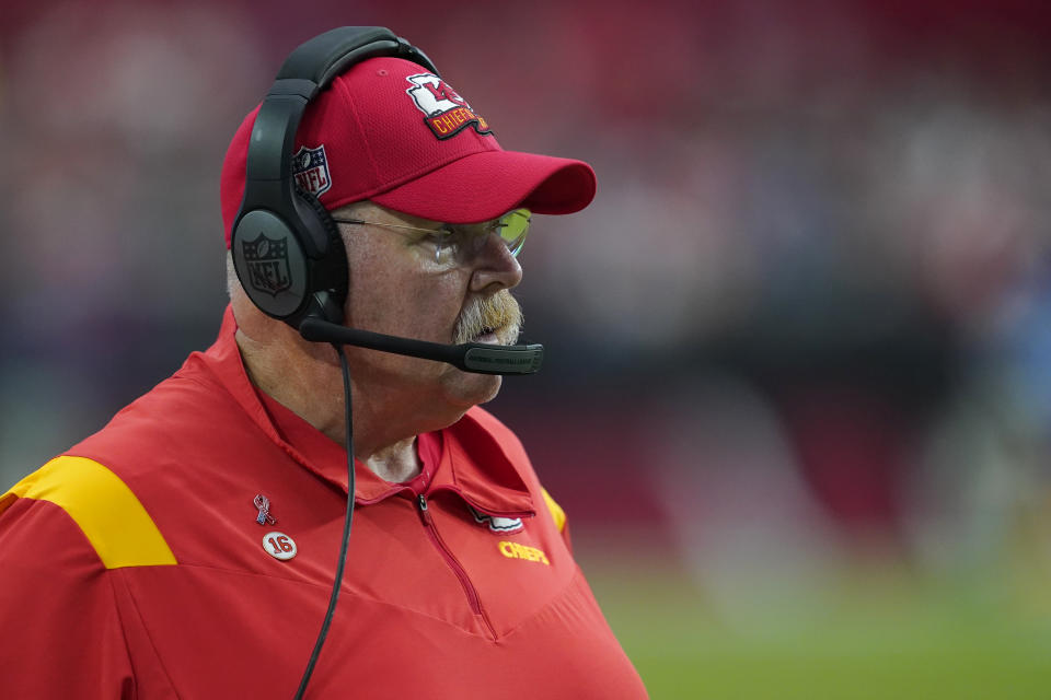 Kansas City Chiefs head coach Andy Reid watches during the second half of an NFL football game against the Arizona Cardinals, Sunday, Sept. 11, 2022, in Glendale, Ariz. (AP Photo/Matt York)