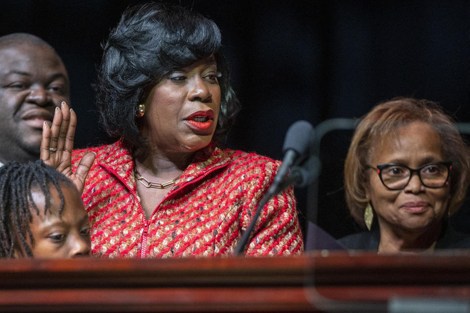 Cherelle Parker takes the oath of office as the 100th mayor of Philadelphia, Tuesday, Jan. 2, 2024, during inauguration ceremonies on stage at the Met in Philadelphia. (Tom Gralish/The Philadelphia Inquirer via AP)