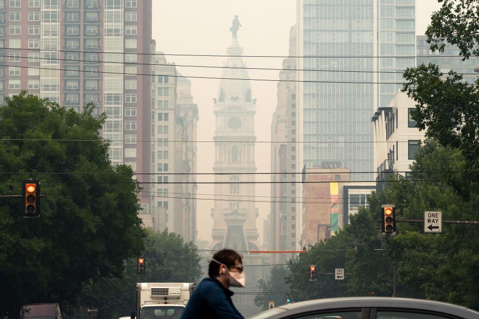 A haze covers Philadelphia City Hall, caused by smoke from Canada’s wildfires.