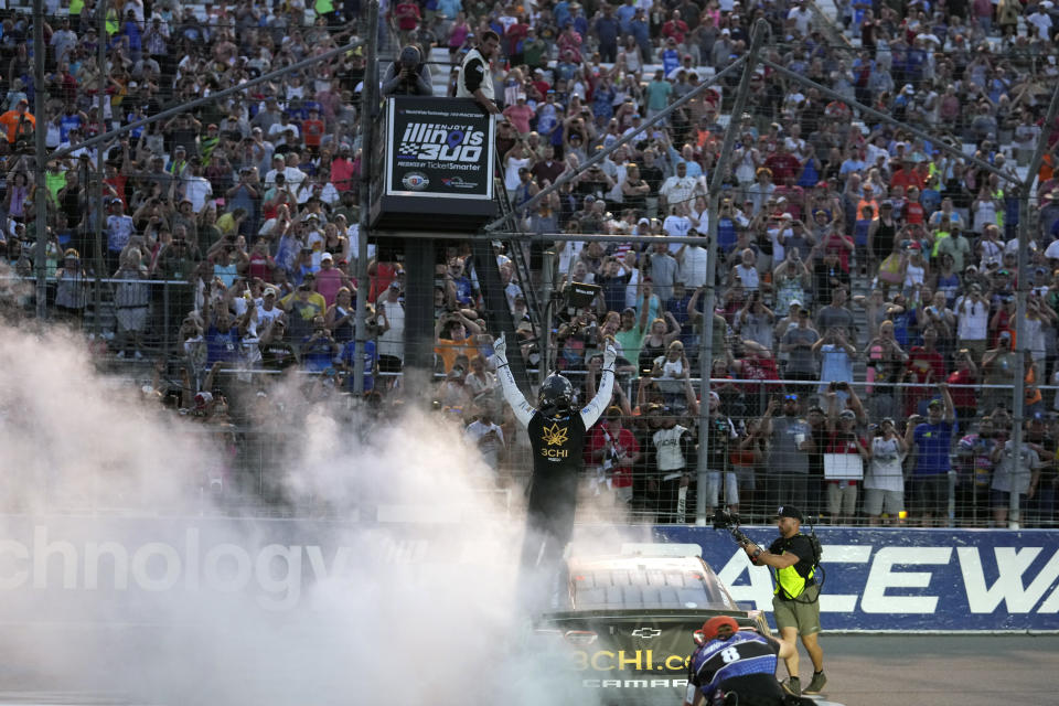 Kyle Busch celebrates after winning a NASCAR Cup Series auto race at World Wide Technology Raceway, Sunday, June 4, 2023, in Madison, Ill. (AP Photo/Jeff Roberson)