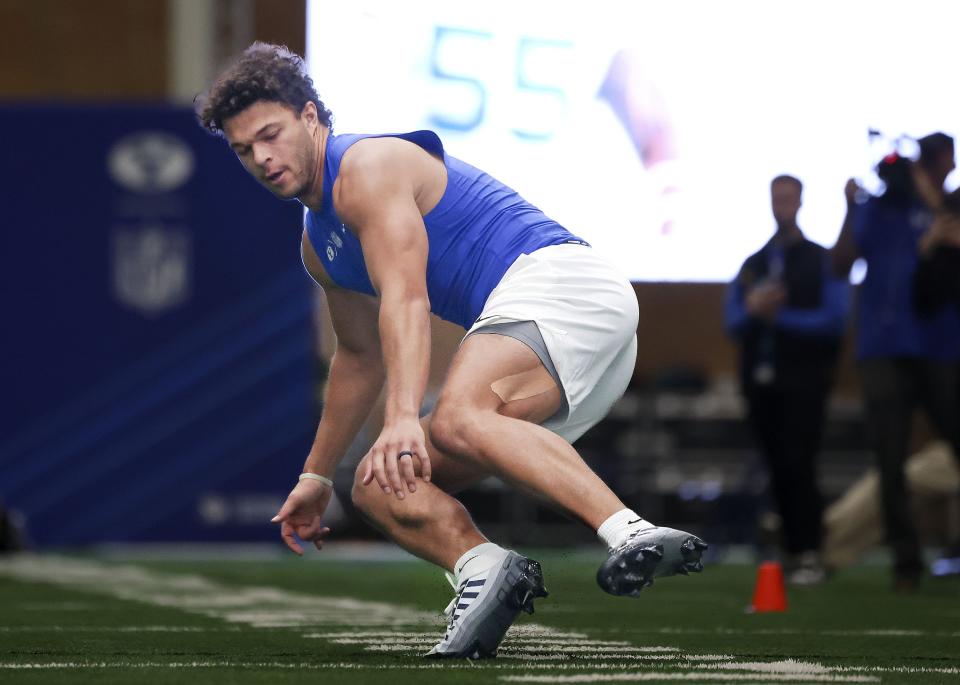 BYU quarterback Jaren Hall participates in BYU’s 2023 pro day.