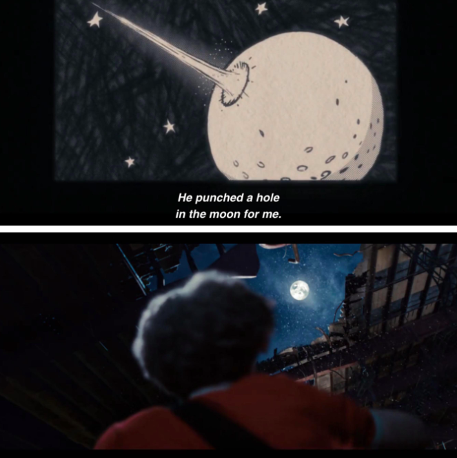 The moon getting punched and Scott looking up at the moon with a crater