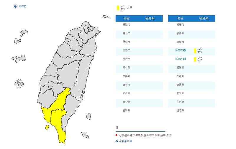 2縣市大雨特報。（圖／翻攝自中央氣象局）