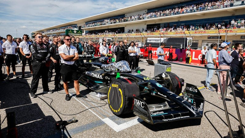 Lewis Hamilton of Great Britain and Mercedes preapres to drive on the grid prior to the F1 Grand Prix of United States at Circuit of The Americas on October 22, 2023 in Austin, Texas