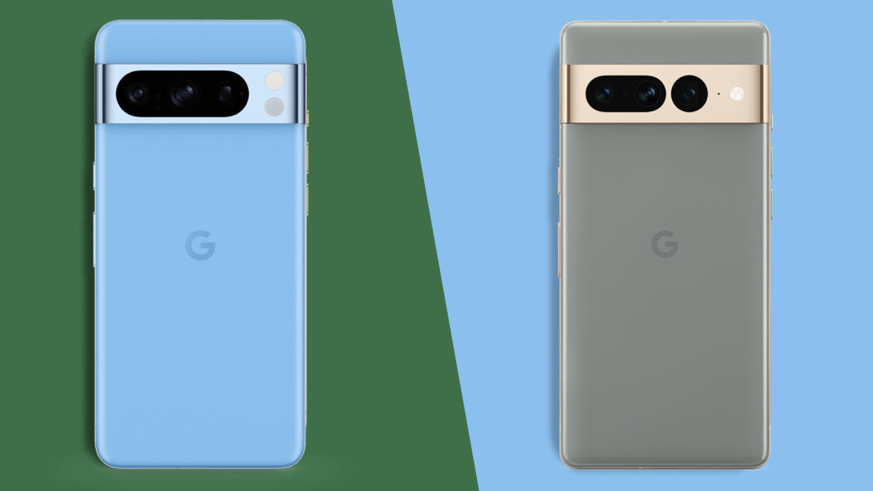  Google Pixel 8 Pro vs Google Pixel 7 Pro on diagonal split green and blue background. 