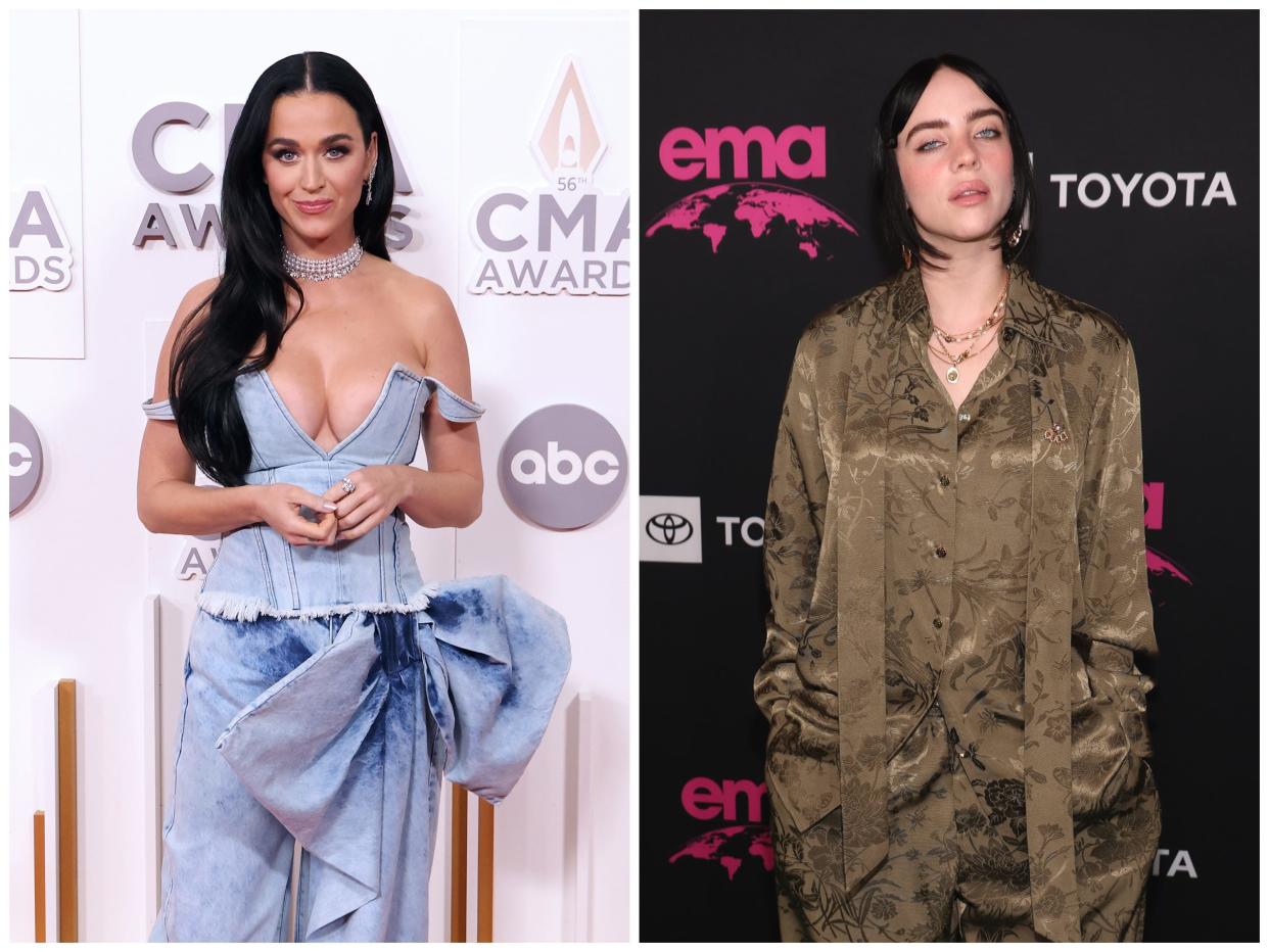 Katy Perry at the CMA Awards on November 9, 2022, in Nashville, Tennessee; Billie Eilish at the EMA Awards Gala on October 8, 2022, in Los Angeles, California.