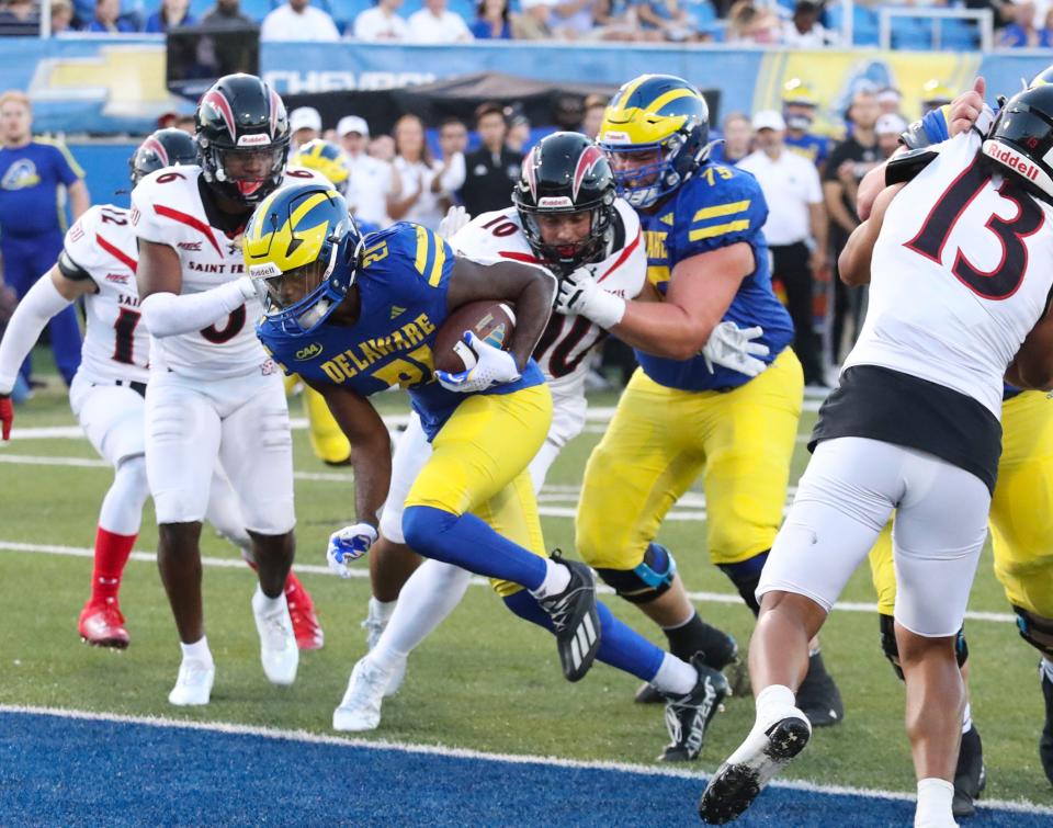 Delaware running back Marcus Yarns gives Delaware the lead on his second touchdown of the second quarter against St. Francis at Delaware Stadium, Saturday Sept. 16, 2023.