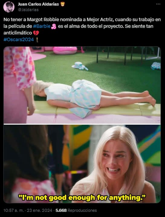 Los usuarios reaccionaron luego de que Margot Robbie no fuera incluida en la categoría de mejor actriz en los Oscar (Foto: X)