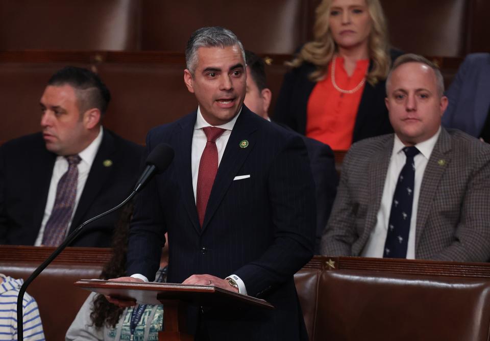 U.S. Rep. Juan Ciscomani (R-AZ) delivers remarks in the House Chamber during the third day of elections for Speaker of the House at the U.S. Capitol Building on Jan. 5, 2023, in Washington, DC.
