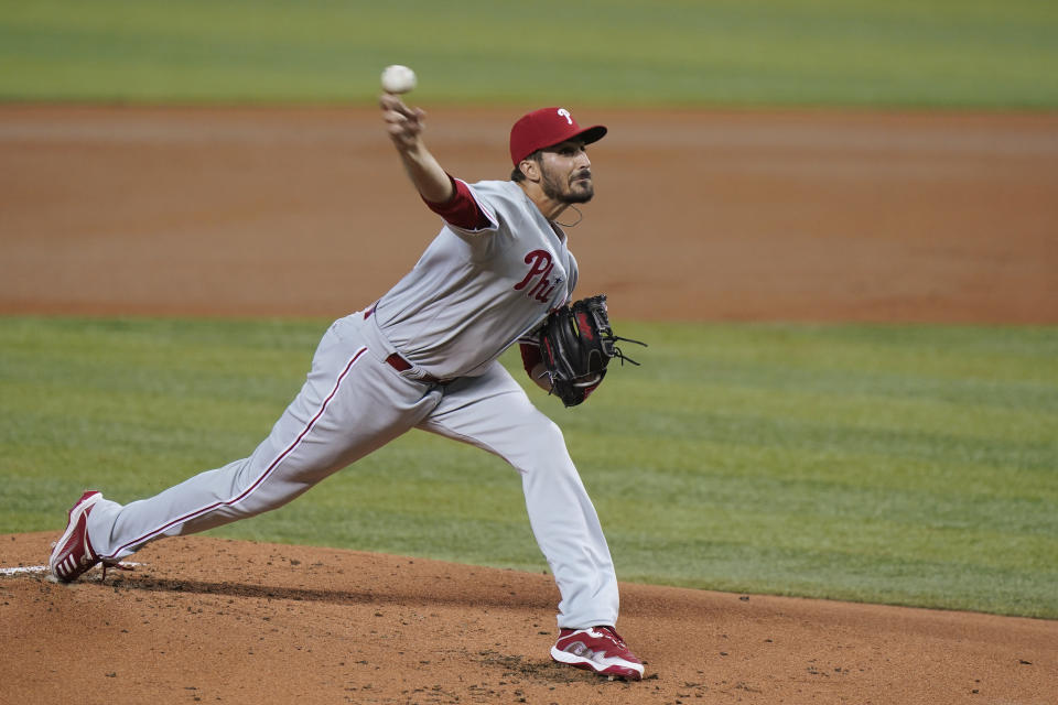 Philadelphia Phillies' Zach Eflin pitches during the first inning of a baseball game against the Miami Marlins, Monday, May 24, 2021, in Miami. (AP Photo/Wilfredo Lee)