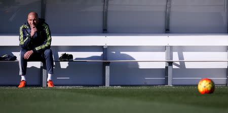 Real Madrid's new coach Zinedine Zidane attends a training session in Valdebebas, outside Madrid, Spain, January 5, 2016. REUTERS/ Juan Medina