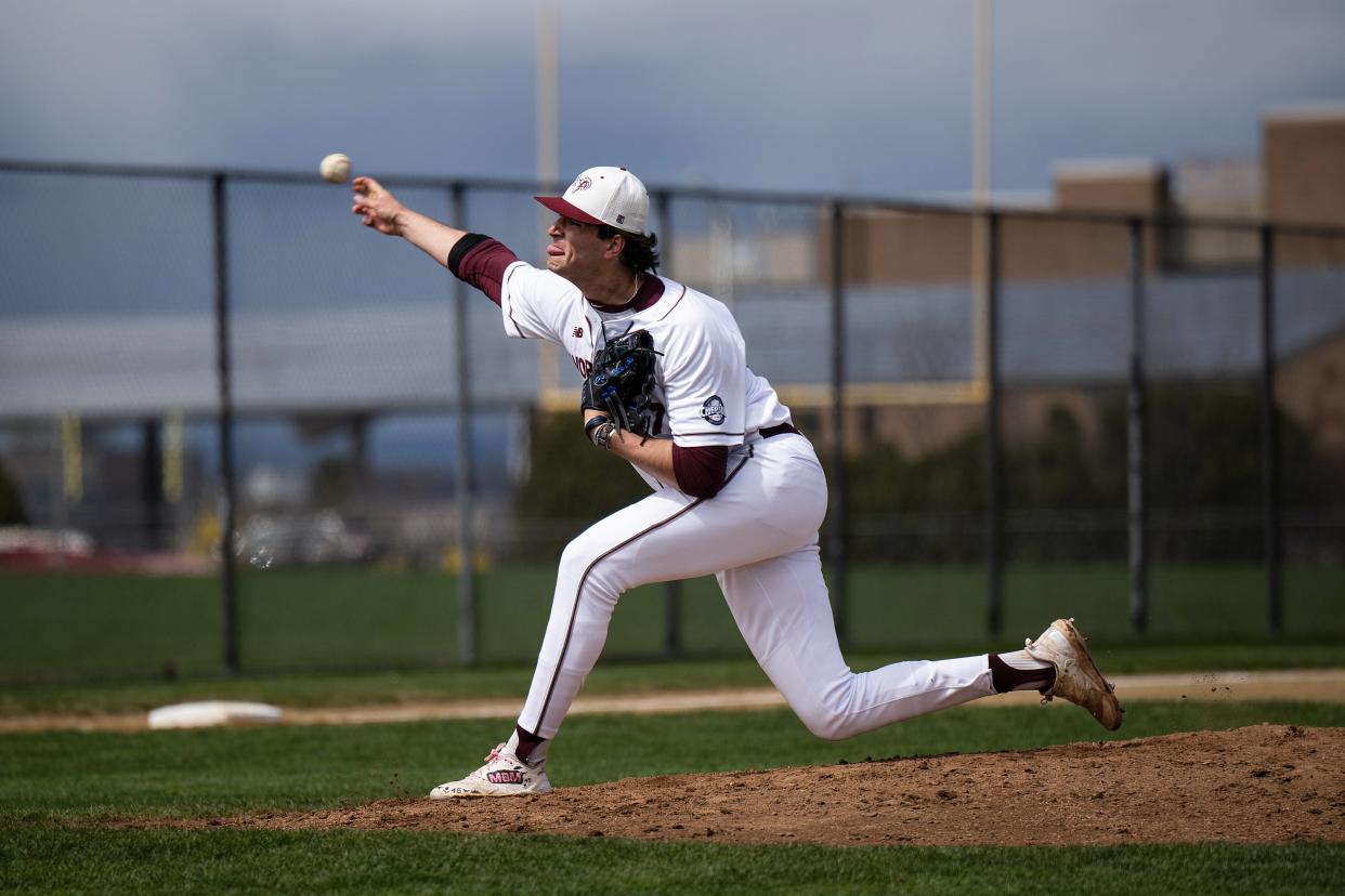 Worcester Academy's Mavrick Rizy pitches versus Phillips Exeter on Saturday April 13, 2024 at Gaskill Field.