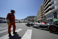 Haas driver Nico Hulkenberg of Germany steers his car during the Formula One first practice session at the Monaco racetrack, in Monaco, Friday, May 26, 2023. The Formula One race will be held on Sunday. (AP Photo/Luca Bruno)