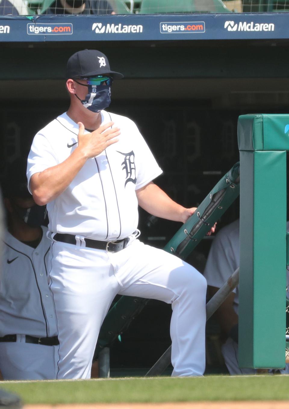 Tigers manager AJ Hinch watches from the dugout during the third inning on Wednesday, April 7, 2021, at Comerica Park.