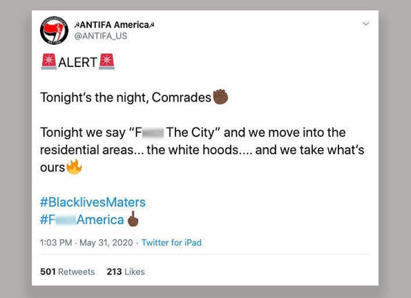 A screengrab of a tweet that Twitter says was posted by white supremacists posing as supporters of the left-wing anti-fascist movement Antifa. / Credit: Twitter