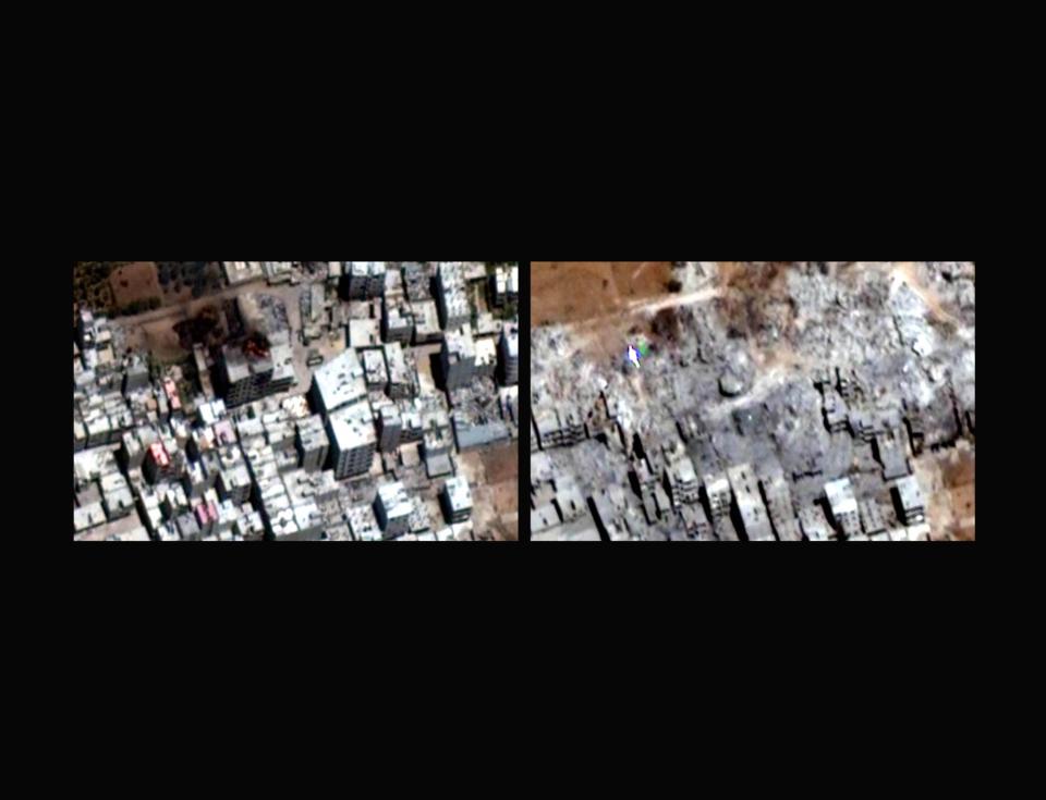 COMBO - This combination of two satellite images released by Human Rights Watch shows Six-story residential building on fire likely from artillery shelling in the Tadamoun neighborhood of Damascus, Syria on July 16, 2012, left, and Sept. 22, 2012, right, and a six-story residential building demolished with controlled explosives, as visible on September 22, 2012.The Syrian government used controlled explosives and bulldozers to raze thousands of residential buildings, in some cases entire neighborhoods, in a campaign that appeared designed to punish civilians sympathetic to the opposition or cause disproportionate harm to them, an international human rights group said Thursday, Jan. 30, 2014. The demolitions took place between July 2012 and July 2013 in seven opposition districts in and around the capital, Damascus, and the central city of Hama, Human Rights Watch said in a new 38-page report. The New York-based group said the deliberate destruction violated international law, and called for an immediate end to the practice.(AP Photo/Human Rights Watch via Digital Globe)