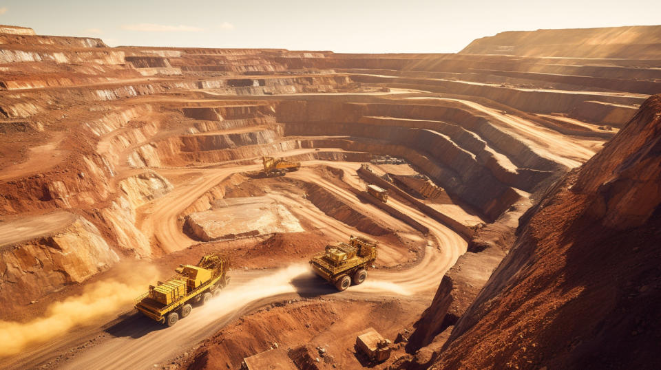 Aerial view of a large open-pit gold mine with a fleet of mining trucks in the foreground.