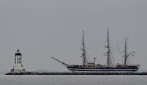 The Amerigo Vespucci, tall ship of the Italian Navy (Marina Militare) named after the explorer Amerigo Vespucci arrives in the Port of Los Angeles in San Pedro Bay, in Los Angeles, on Tuesday, July 2, 2024. The vessel will be docked in San Pedro through July 8 and the public can take free tours. (Brittany M. Solo/The Orange County Register via AP)