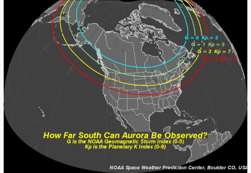 An image created by NOAA Space Weather Prediction Center shows the likely extent of the aurora borealis appearing in the United States depending on the intensity of a geomagnetic storm.