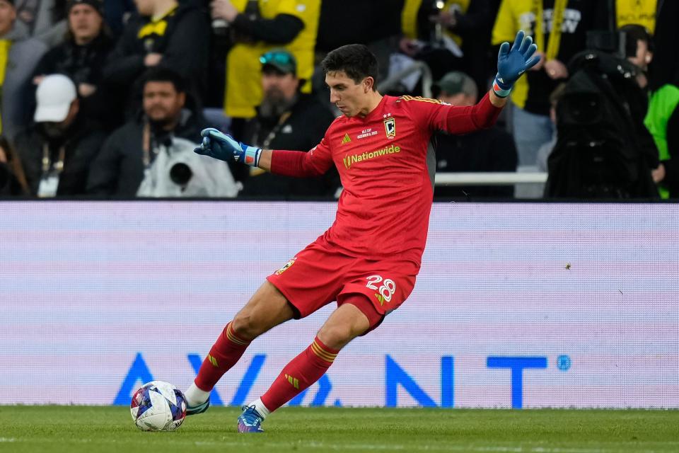 Dec 9, 2023; Columbus, OH, USA; Columbus Crew goalkeeper Patrick Schulte (28) clears the ball during the MLS Cup final against Los Angeles FC at Lower.com Field.