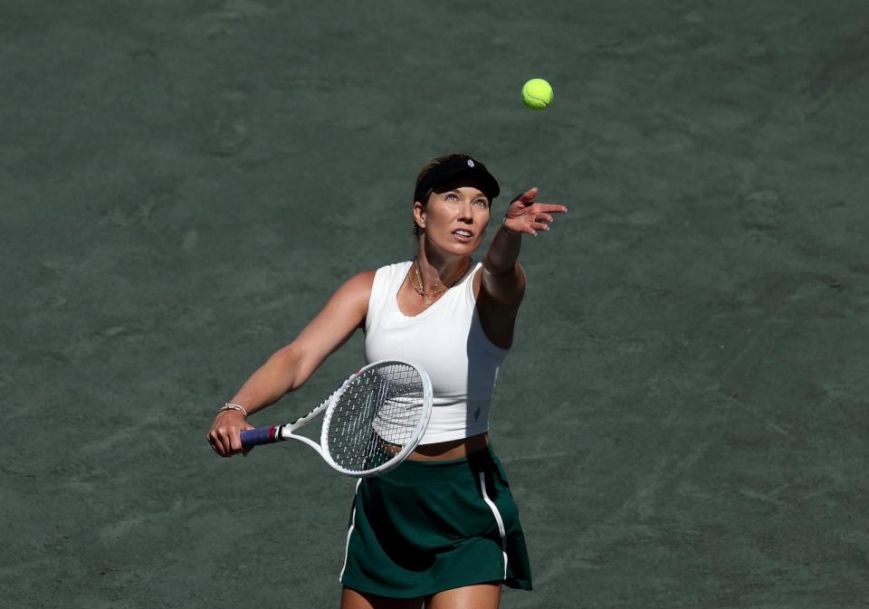 PHOTO: Danielle Collins serves the ball during the singles final on the final day of the WTA 500 Credit One Charleston Open at Credit One Stadium on April 7, 2024 in Charleston, S.C. (Elsa/Getty Images)