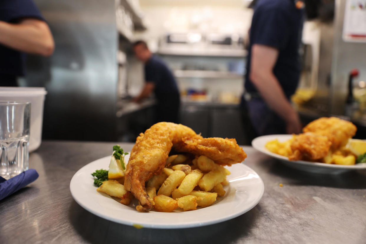 A plate of fish and chips at Maggie's cafe in Hastings. (Angela Neil / NBC News)