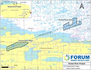 Location of the Grease River Project (West and East claim blocks) in northern Saskatchewan