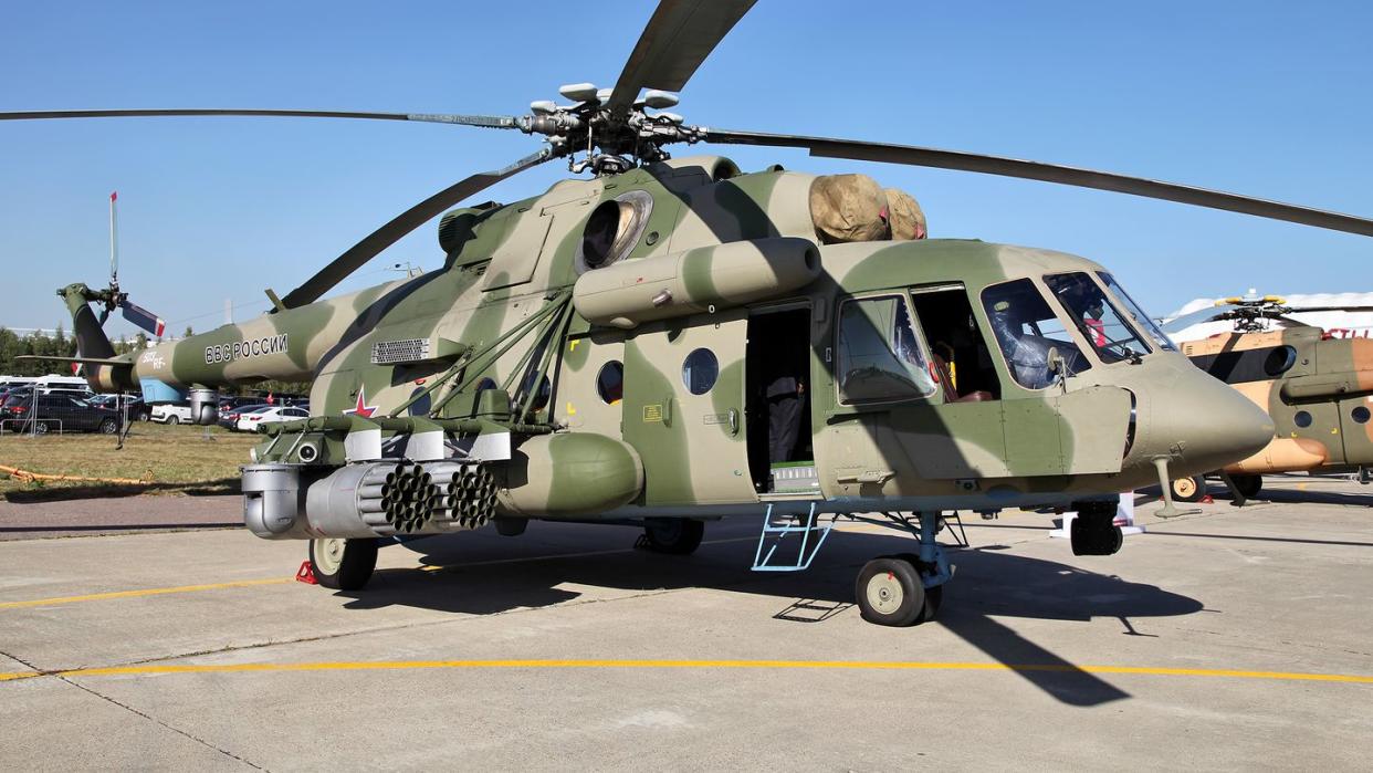mi 8amtsh assault transport helicopter at maks airshow 2015 with rocket pods and vitebsk jammer