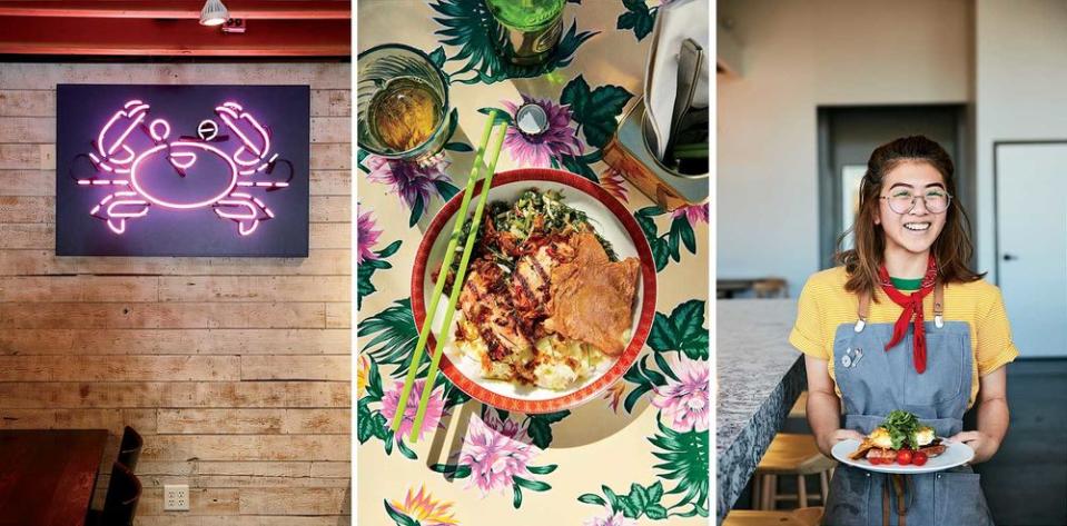 From left: Grand Catch, a St. Paul Viet-Cajun seafood spot; Balinese chicken thigh at Hai Hai, in Minneapolis; a sever at Parallel espresso bar.