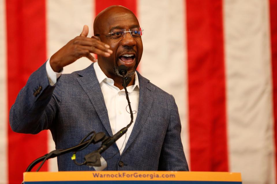 FILE - Sen. Raphael Warnock (D-Ga.) speaks to students and supporters at the UGA Chapel, in Athens, Ga., on Thursday, Oct. 20, 2022. Warnock recently helped secure a $500,000 federal grant for road improvements on Alps Road as well as Hawthorne and Oglethorpe avenues.