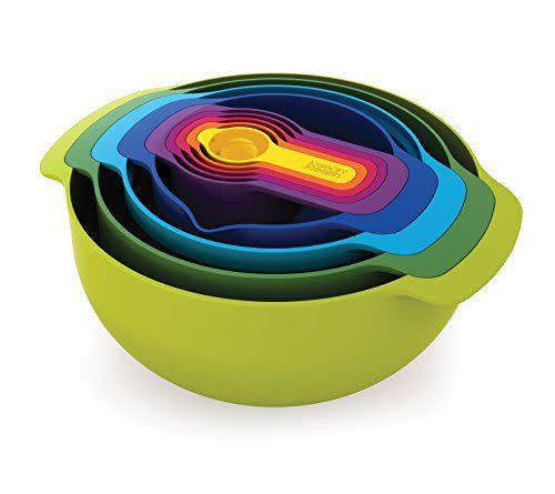 1)  Nest 9 Nesting Bowls Set with Mixing Bowls Measuring Cups