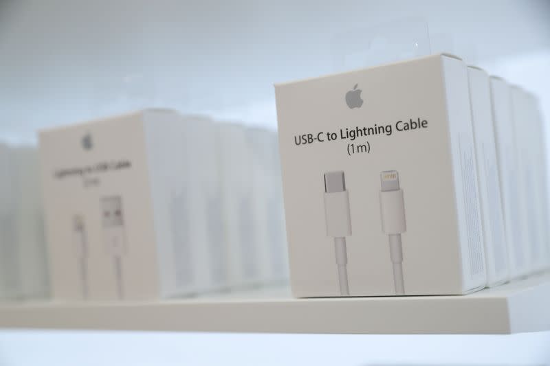 FILE PHOTO: USB-C to Lightning Cable adapters are seen at a new Apple store in Chicago