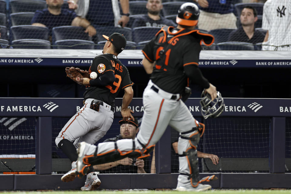 Baltimore Orioles third baseman Ramon Urias drops a foul ball hit by New York Yankees' Anthony Rizzo during the sixth inning of a baseball game Friday, Sept. 3, 2021, in New York. (AP Photo/Adam Hunger)