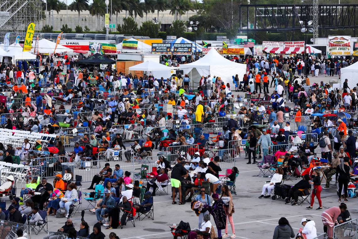 People watch live concert performances during Jazz in the Gardens at Hard Rock Stadium in Miami Gardens, Florida, on Sunday, March 13, 2022.