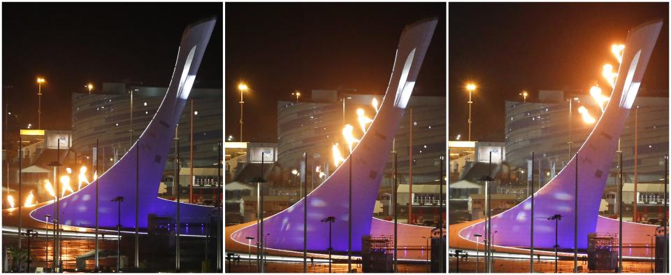 A combination photograph shows the Olympic flame as it is tested in its cauldron in front of the Bolshoy Ice Dome on the Olympic Park as preparations continue for the Sochi 2014 Winter Olympics, January 29, 2014. The opening ceremony for the winter games will be held February 7. REUTERS/Fabrizio Bensch (RUSSIA - Tags: SPORT OLYMPICS TPX IMAGES OF THE DAY)