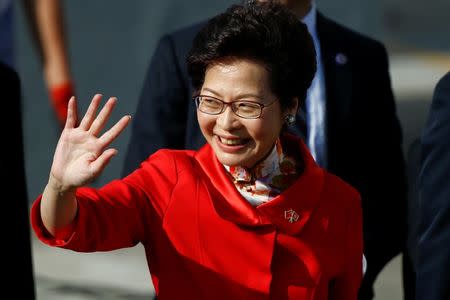 Hong Kong Chief Executive-elect Carrie Lam waves as she arrives for a flag raising ceremony marking the 20th anniversary of the city's handover from British to Chinese rule, in Hong Kong, China July 1, 2017. REUTERS/Damir Sagolj