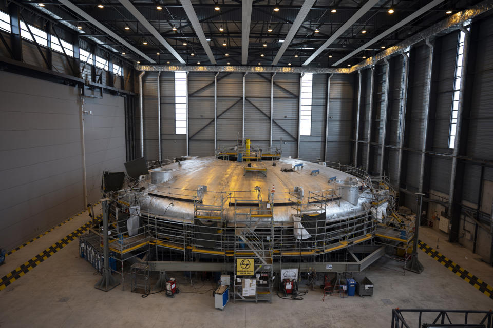 FILE - A part of the cryostat component of the ITER machine is pictured in Saint-Paul-Lez-Durance, France, Sept. 9, 2021. The war in Ukraine is causing a swift and broad decaying of scientific ties between Russia and the West. However, work continues on the 35-nation ITER fusion-energy project in southern France, with Russia still among seven founders sharing costs and results from the experiment. (AP Photo/Daniel Cole, File)