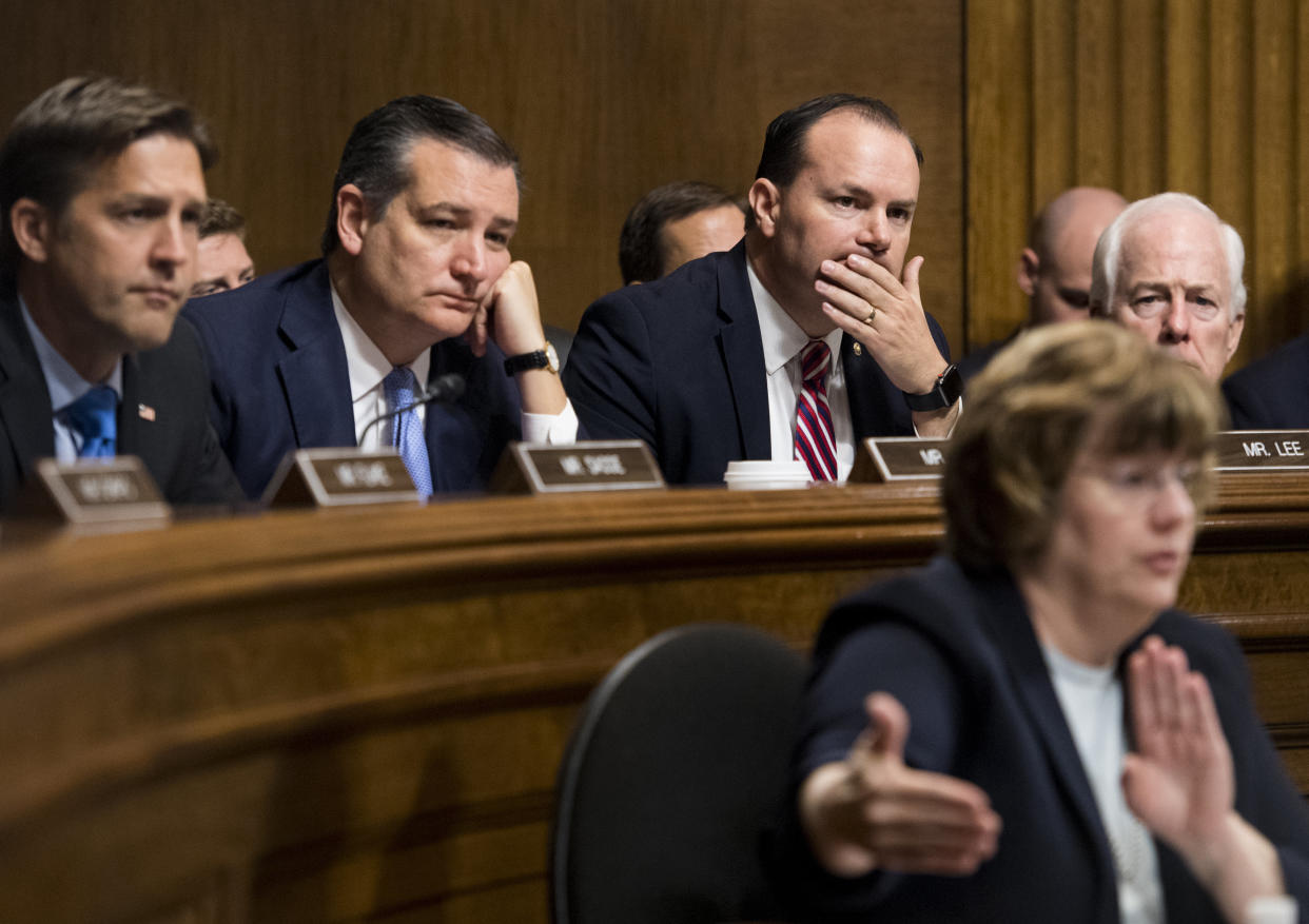 "Senate Judiciary Republicans couldn&rsquo;t find the courage to ask Christine Blasey Ford any questions, but had no problem finding their voices to run interference and defend Brett Kavanaugh." (Photo: Tom Williams via Getty Images)