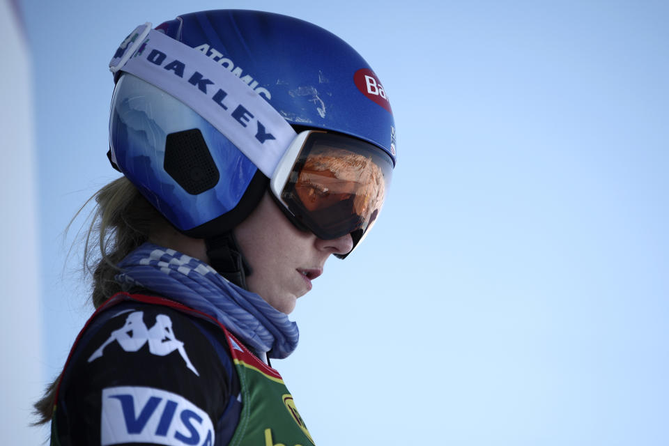 United States' Mikaela Shiffrin concentrates at the start of the first run of an alpine ski, women's World Cup giant slalom race, in Soelden, Austria, Saturday, Oct. 28, 2023. (AP Photo/Gabriele Facciotti)