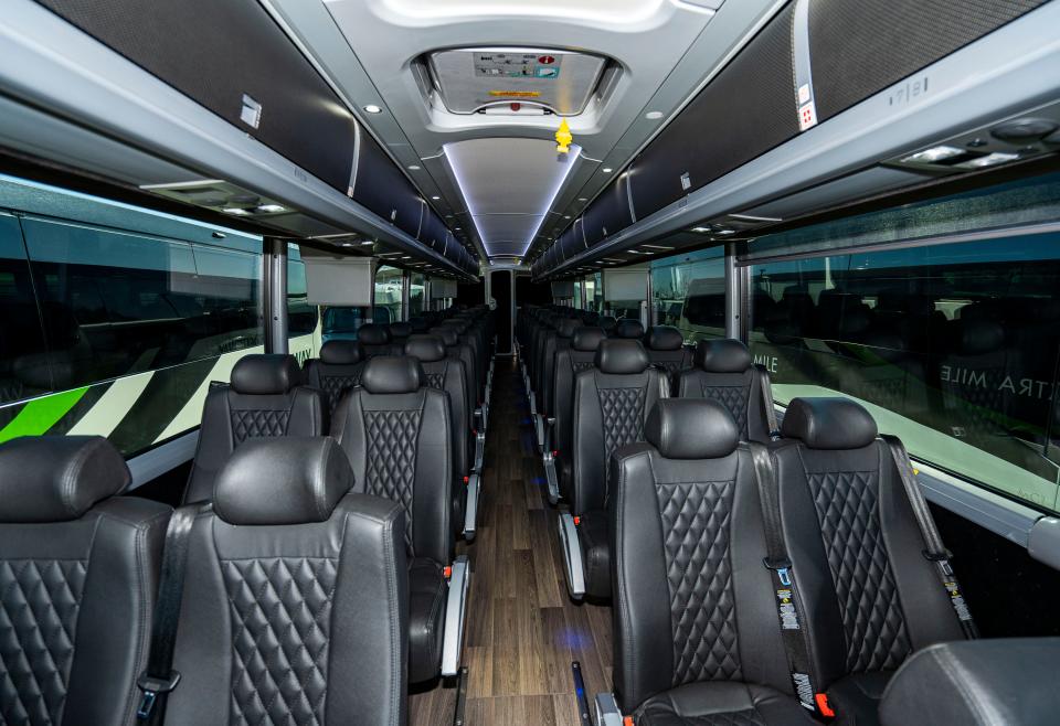 Interior of a 56-passenger motorcoach from GO Riteway Transportation Group are shown on March 28 2024, in Oak Creek. The company is one of the contractors that will provide transportation services for the Republican National Convention.