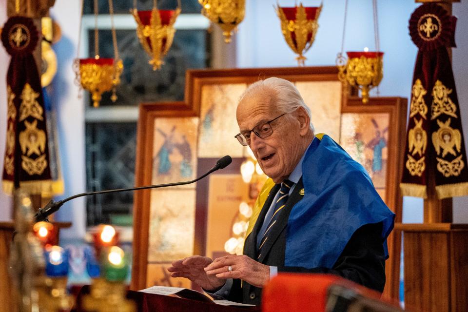 St. Nicholas Ukrainian Catholic Church in Passaic, NJ holds a service and candlelight vigil to mark the one year anniversary of the Russian invasion in Ukraine on Friday, Feb. 24, 2023. Congressman Bill Pascrell speaks during the vigil. 