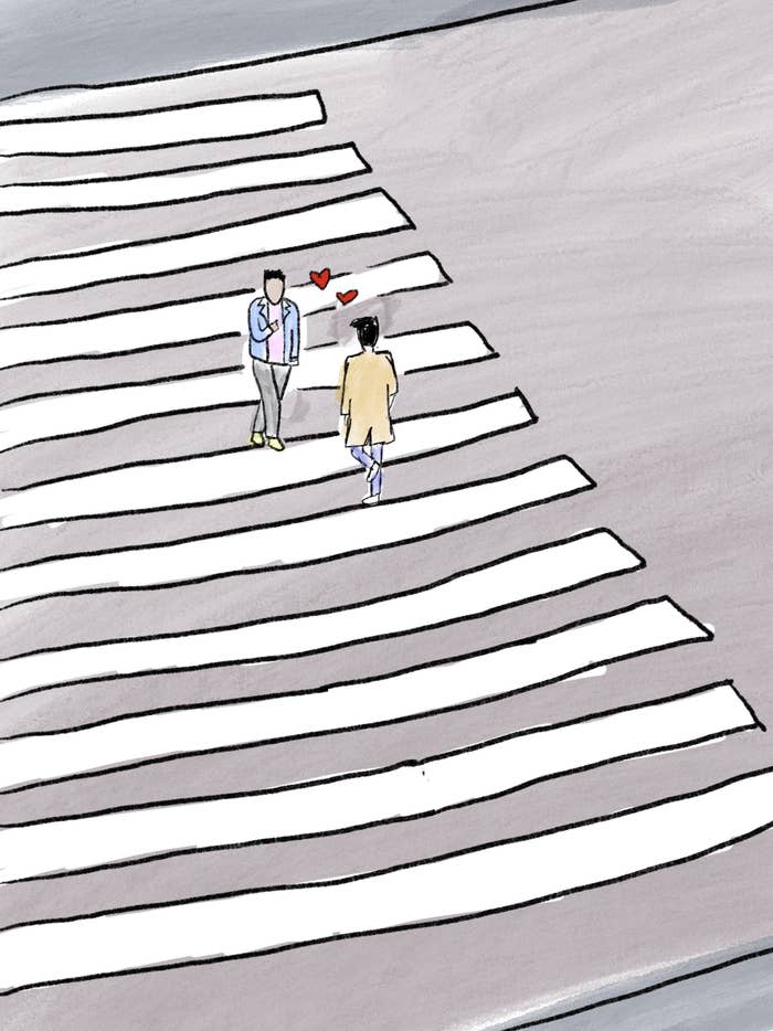 illustration of two strangers crossing in an intersection admiring each other