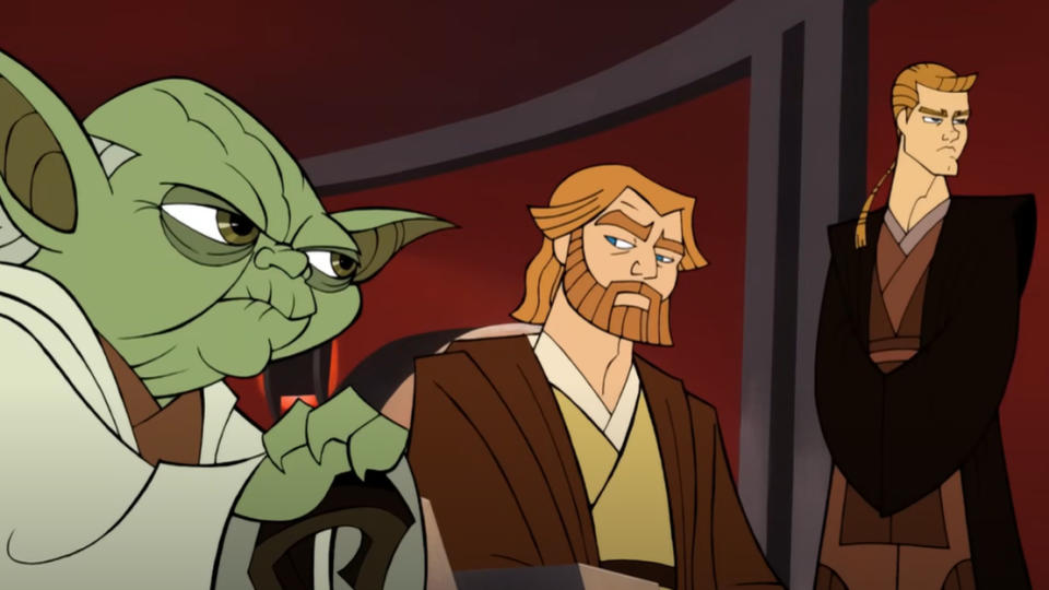 Animated characters Yoda, Obi-Wan Kenobi, and Anakin Skywalker from "Star Wars" in a discussion