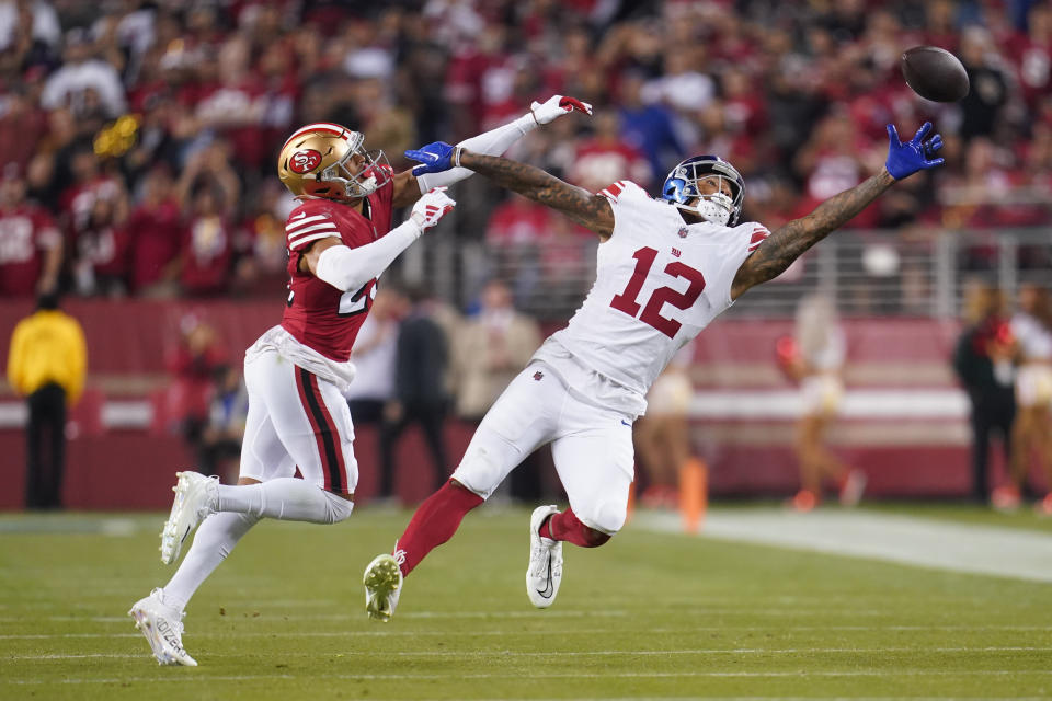 Sep 21, 2023; Santa Clara, California, USA; New York Giants tight end Darren Waller (12) is unable to make a catch next to San Francisco 49ers cornerback Isaiah Oliver (26) in the third quarter at Levi’s Stadium. Mandatory Credit: Cary Edmondson-USA TODAY Sports